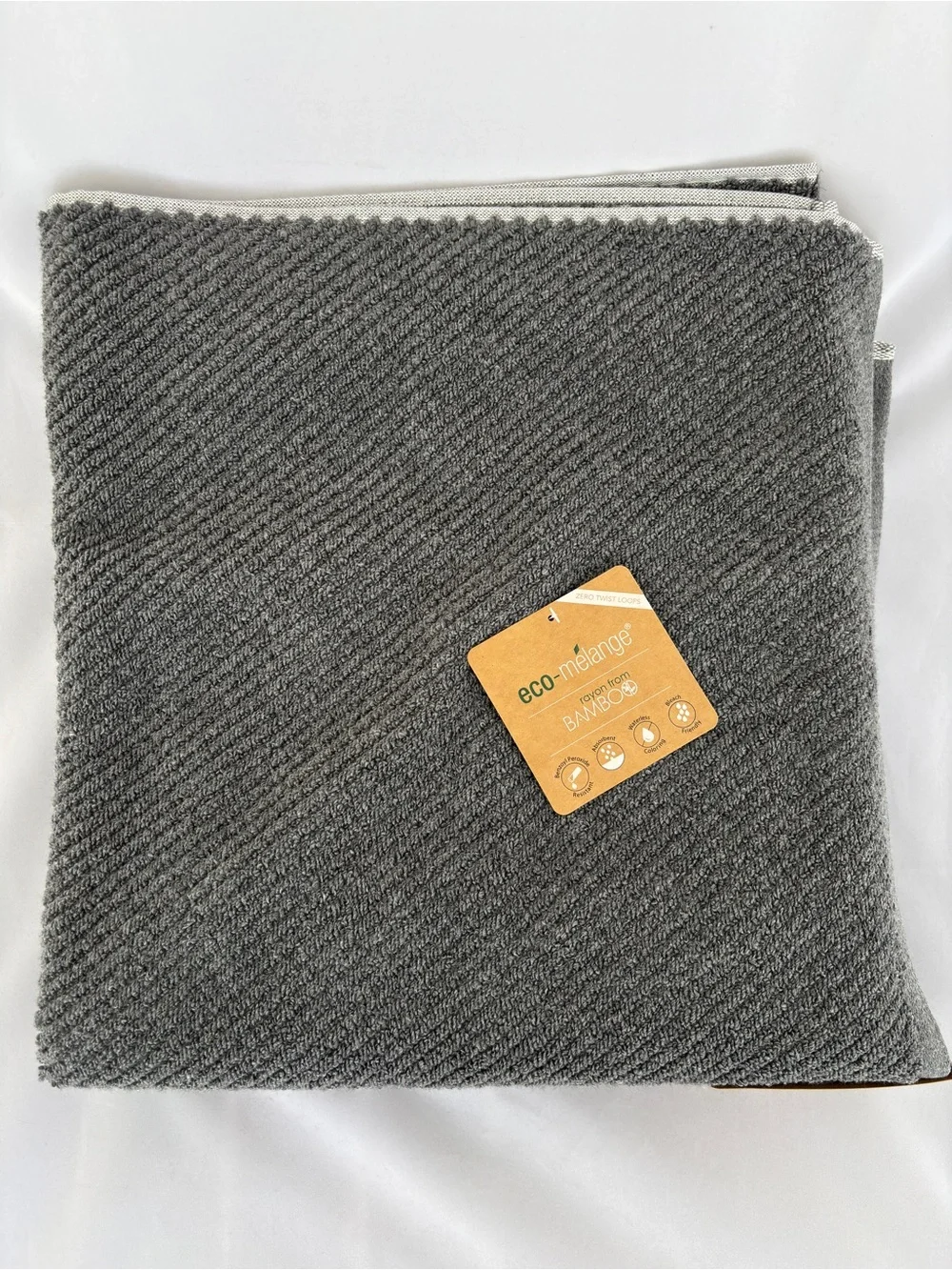 NWT 2Pc Eco-Melange Bamboo Charcoal Grey Bath Towels Diagonal Ribbed Textured